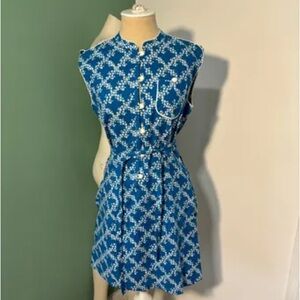 Blue and White Sleeveless Mini Dress with Mock Neck